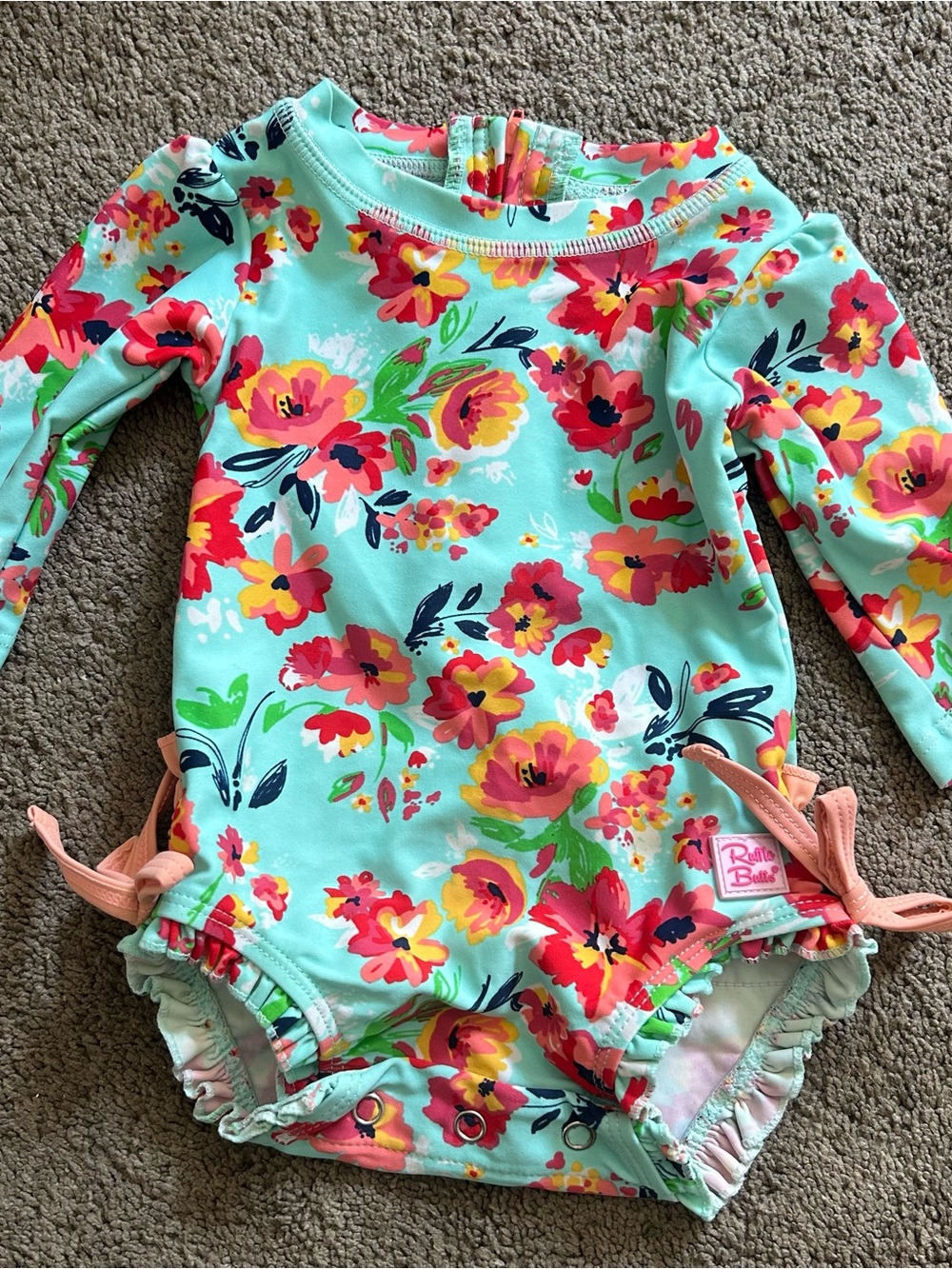 Ruffle Butts Aqua Floral Long-Sleeve One-Piece with Pink & Coral Flowers
